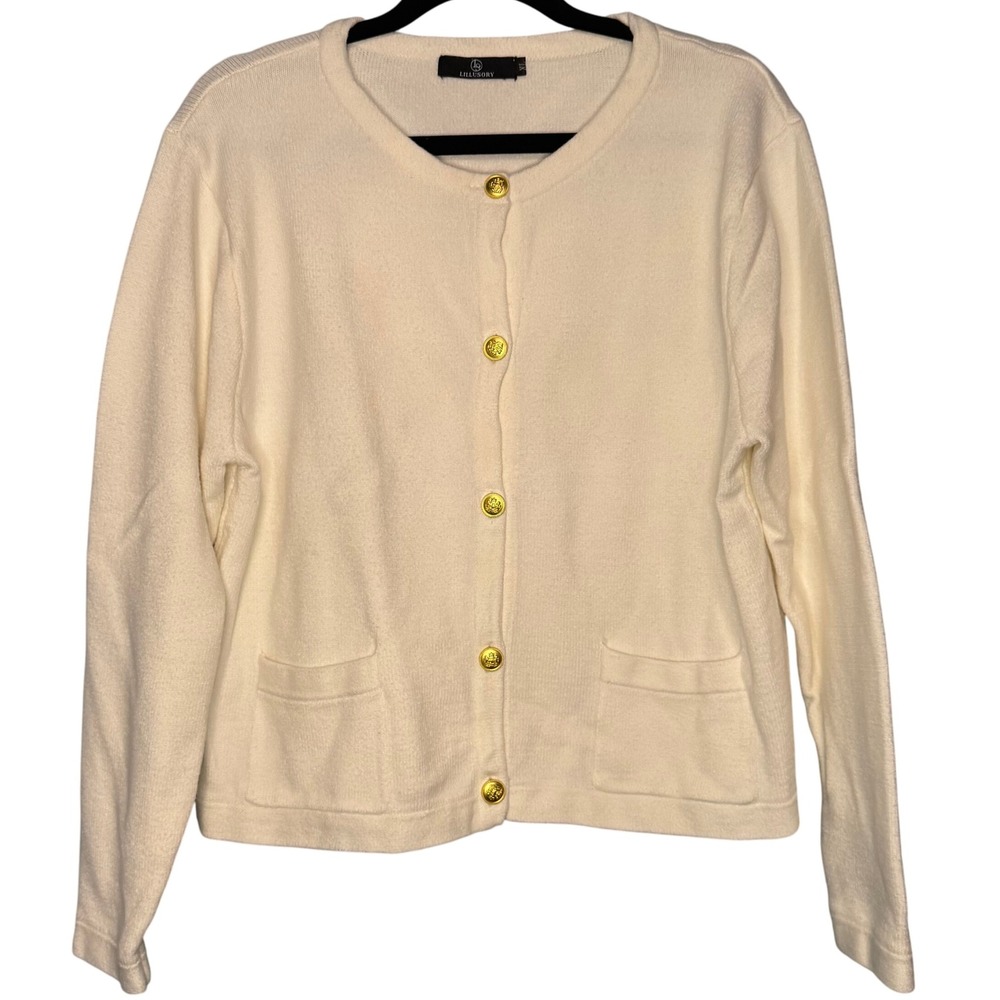Lillusory Cardigan Sweater Womens XL Cream Gold Button Front Pockets Preppy